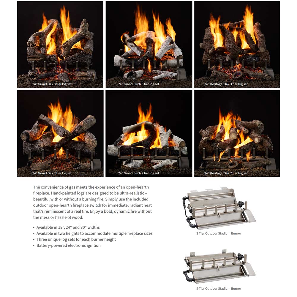 Outdoor vented gas log set with lit logs and two-view burner assembly
