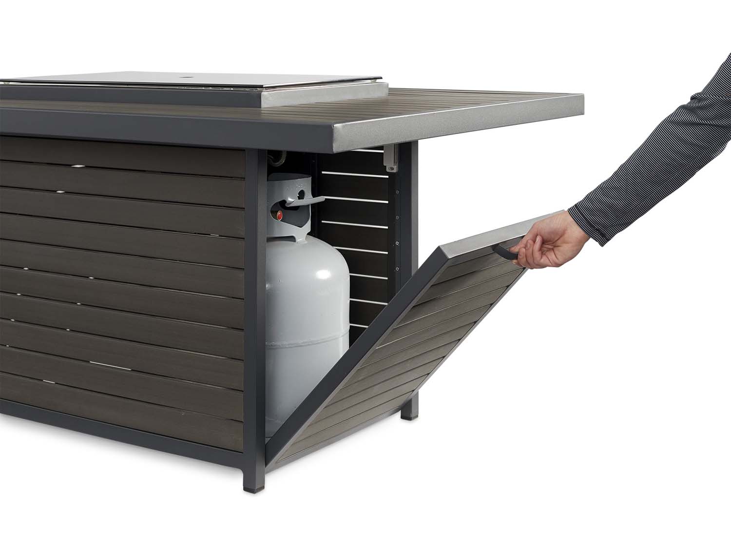 Gas fire pit table side view with access panel open and propane tank shown