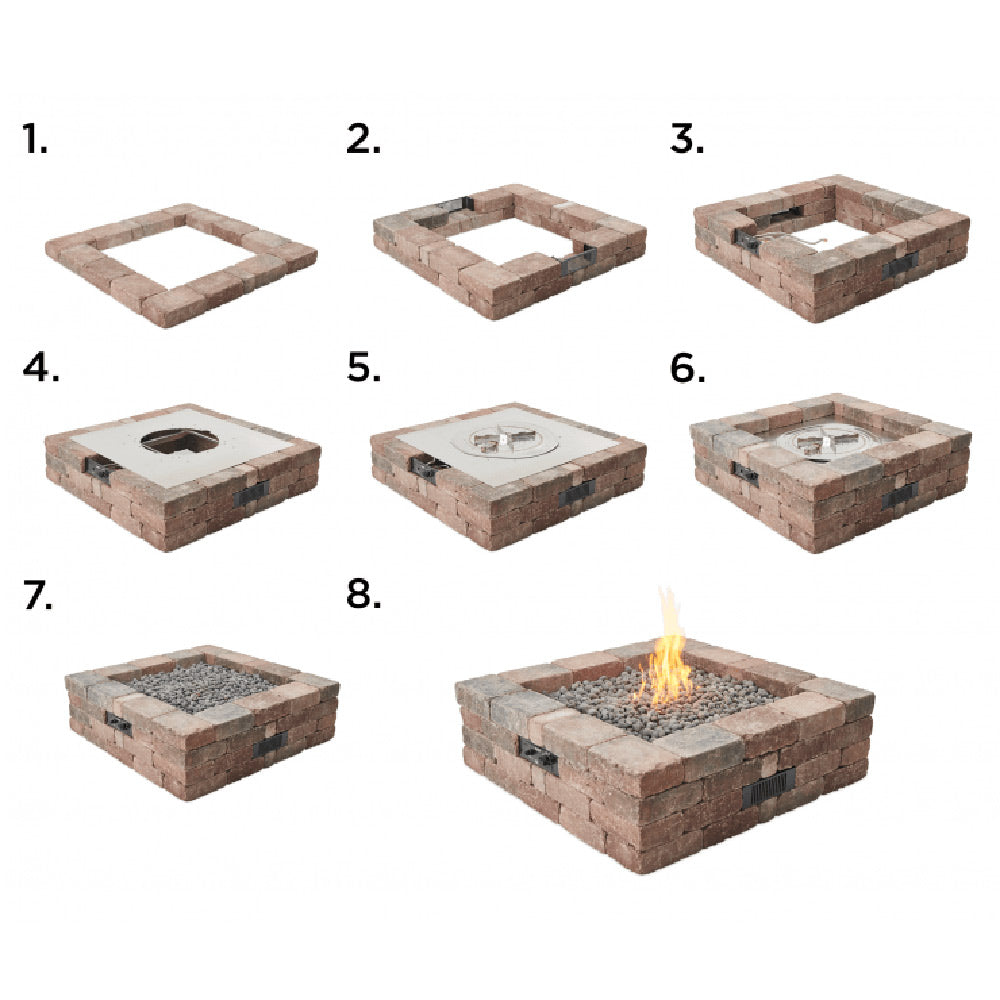 Stone fire pit kit diagram with labeled kit pieces numbered 1 to 8