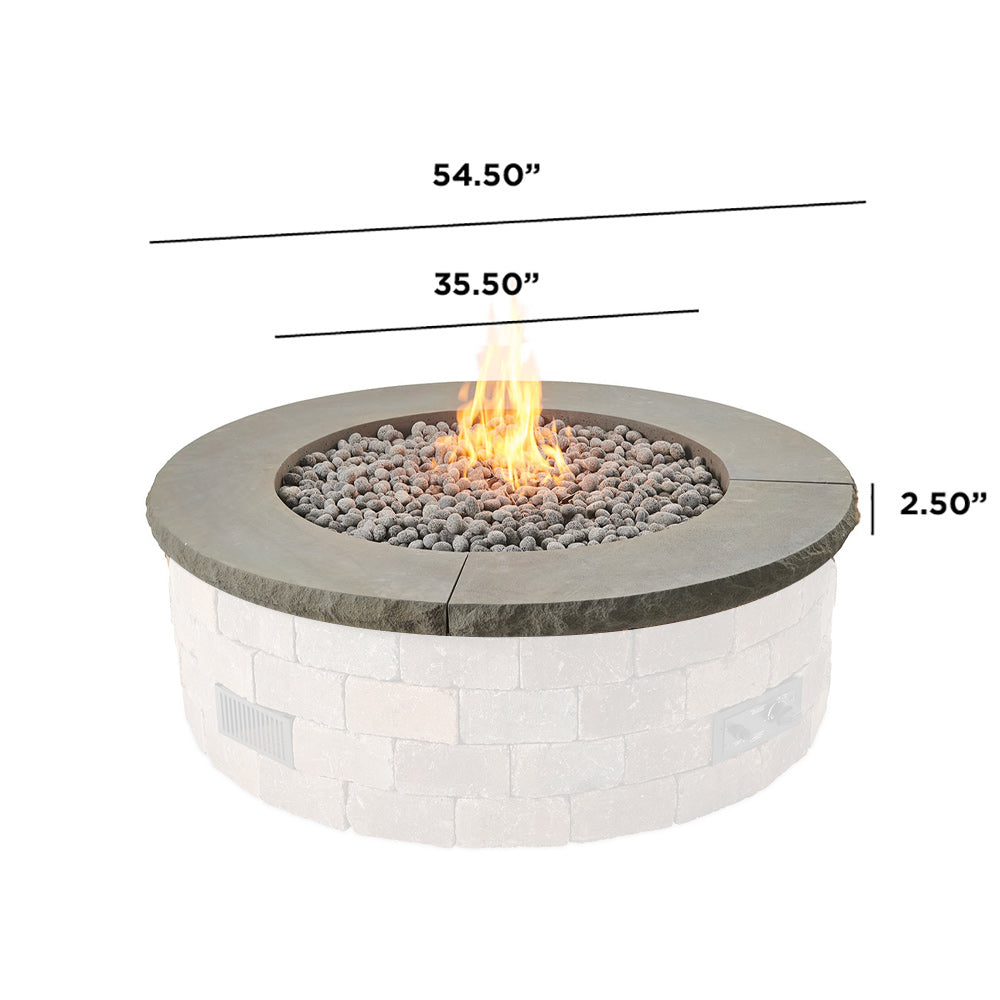 Round concrete fire pit with gray top and white brick base, flame centered