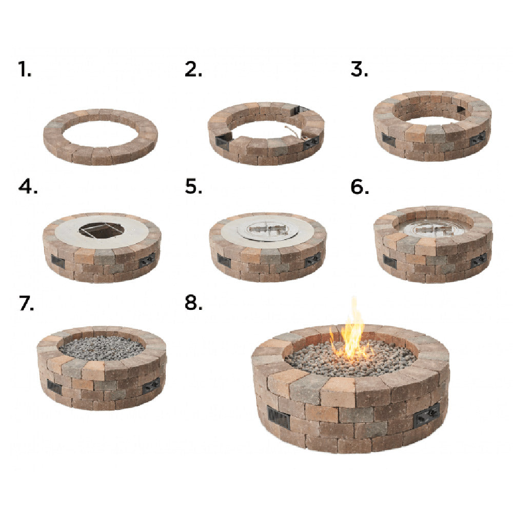 Round gas fire pit kit layout diagram set for stone ring assembly