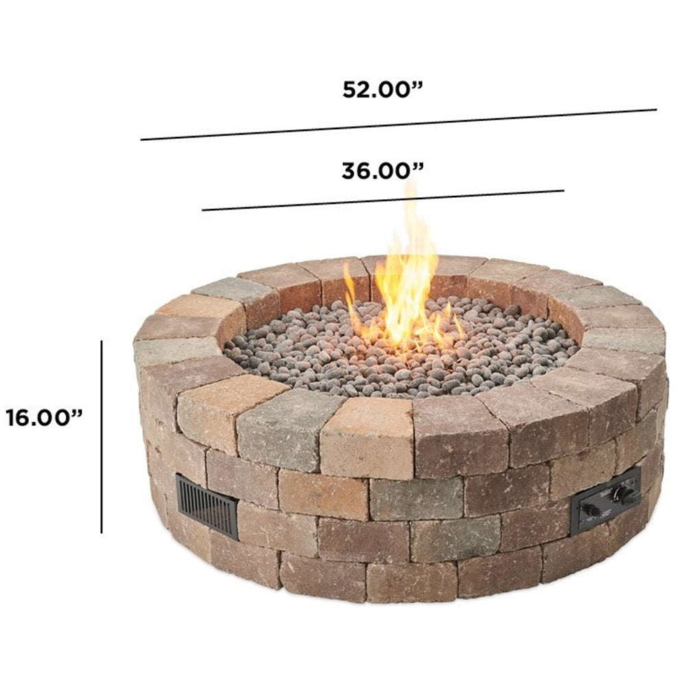 Round gas fire pit kit stone block ring, burning flame and lava rocks; 52 in diameter