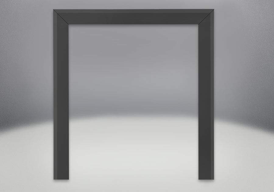Gas fireplace trim kit, dark rectangular frame with flat top and legs