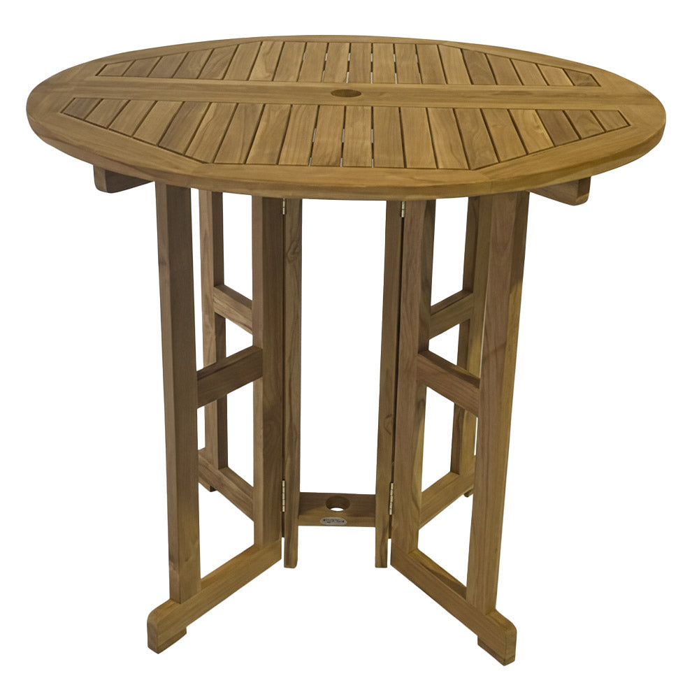Round drop-leaf teak bar table with slatted top and two hinged leaves