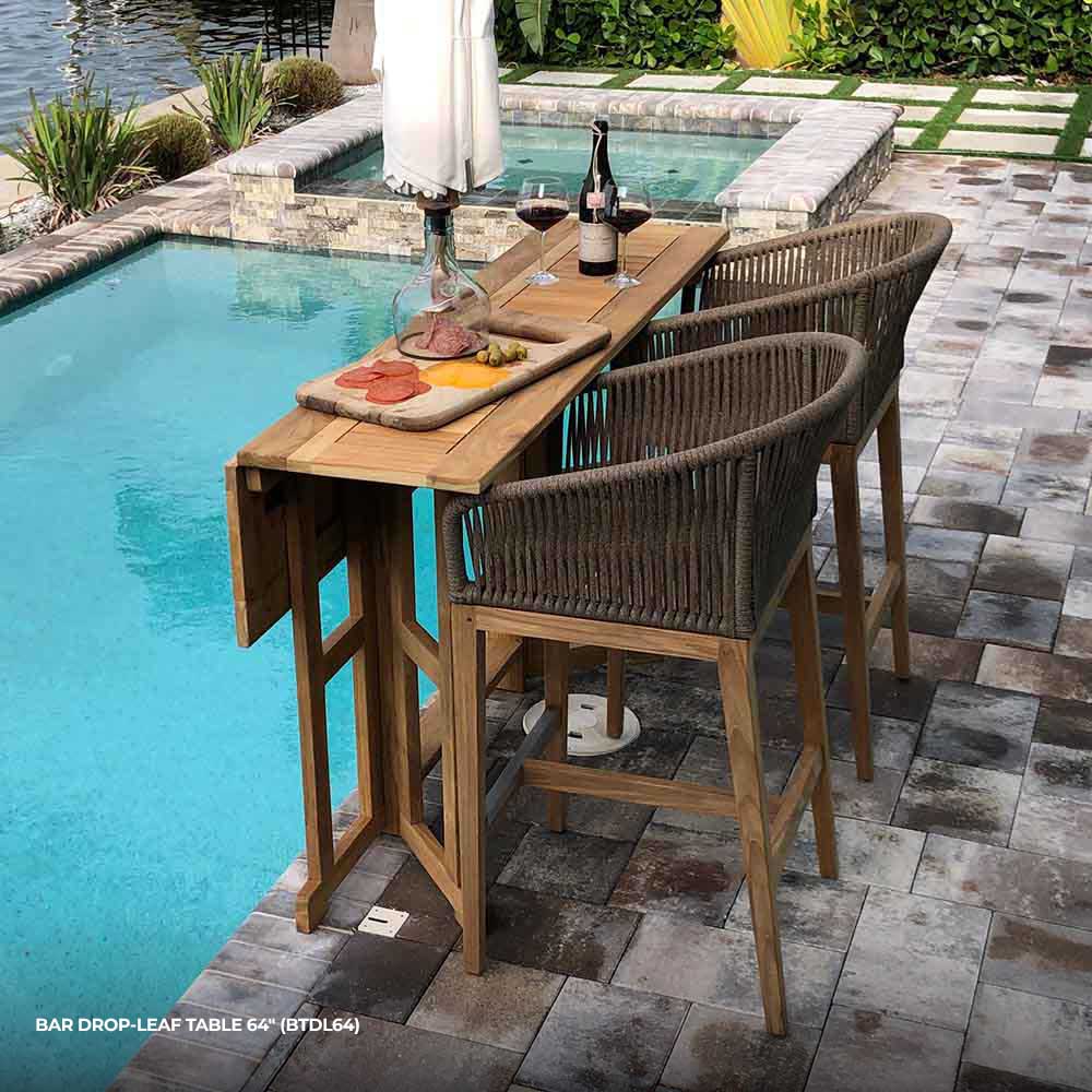 Rectangular teak drop-leaf bar table with slatted surfaces and cross-braced frame