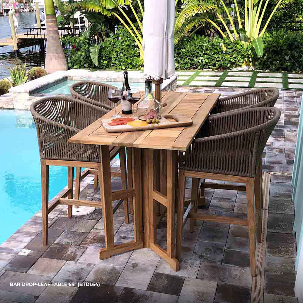 Square/rectangular drop-leaf teak bar table with slatted top and four legs