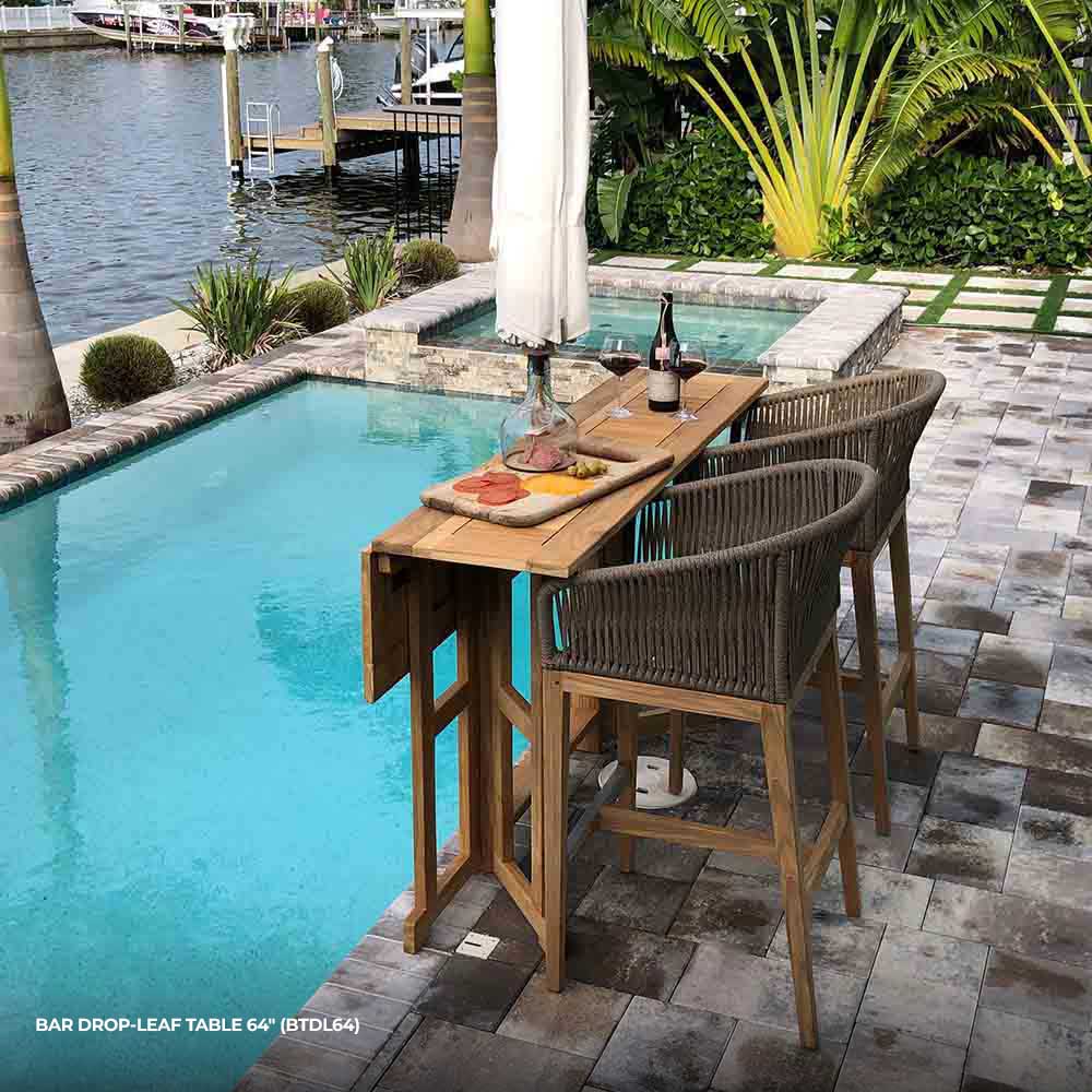 Rectangular teak drop-leaf bar table with slatted top and two bottle coasters
