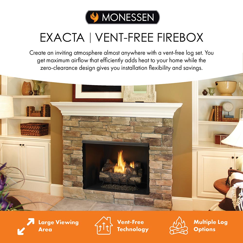 Vent-free firebox insert with gas log set inside a stone fireplace opening