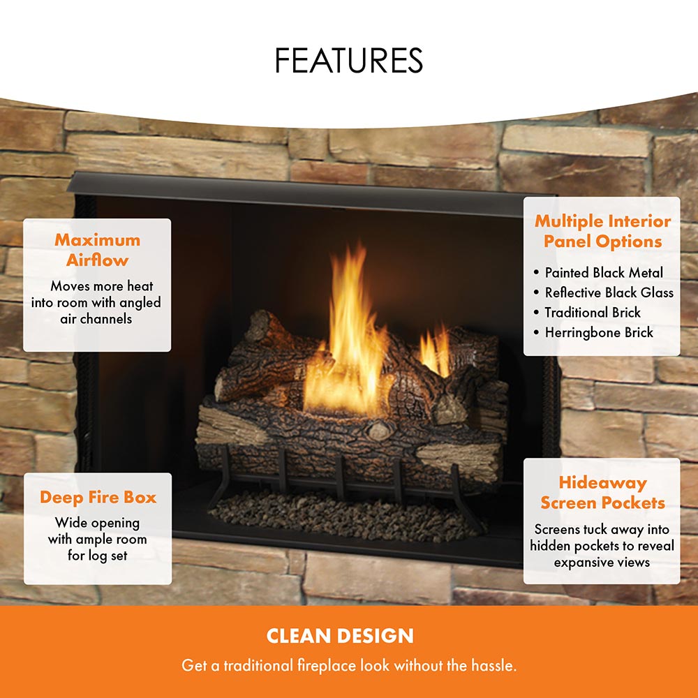 Vent-free firebox opening with burning gas logs set in a black metal surround