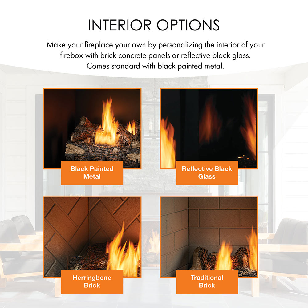 Interior option panels for a vent-free firebox insert showing different log-view styles