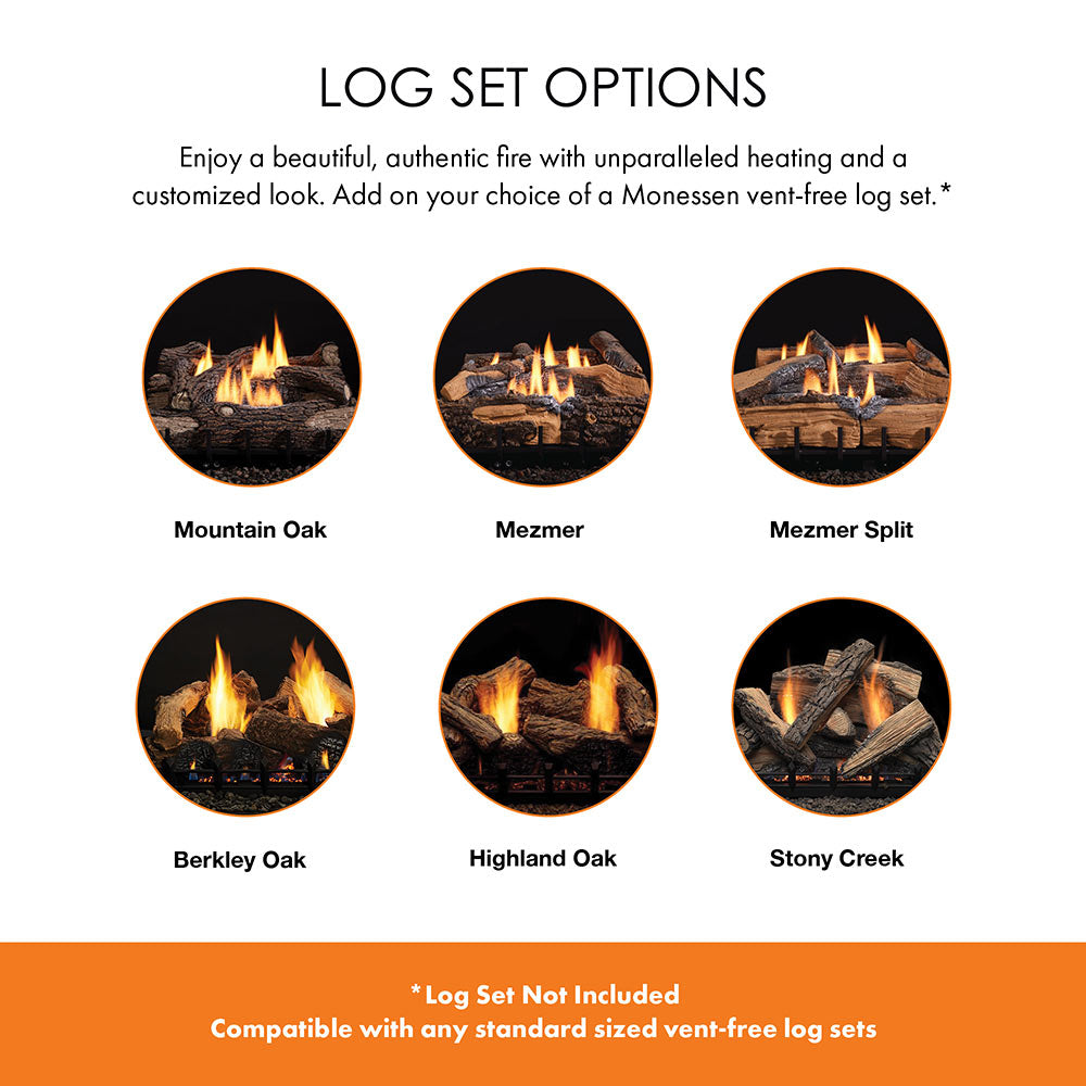 Vent-free firebox log set options shown as six circular flame scene thumbnails