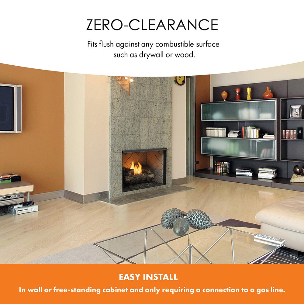 Zero-clearance vent-free firebox installed in a wall with stone surround and flames