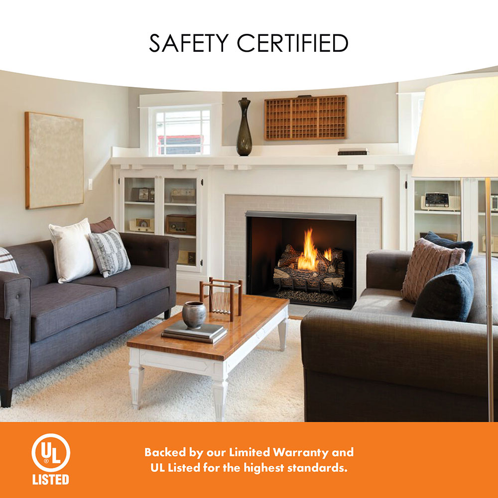Vent-free firebox in living room with flames and safety certified label