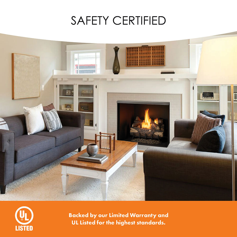 Vent-free firebox with burning gas logs in a living room fireplace opening