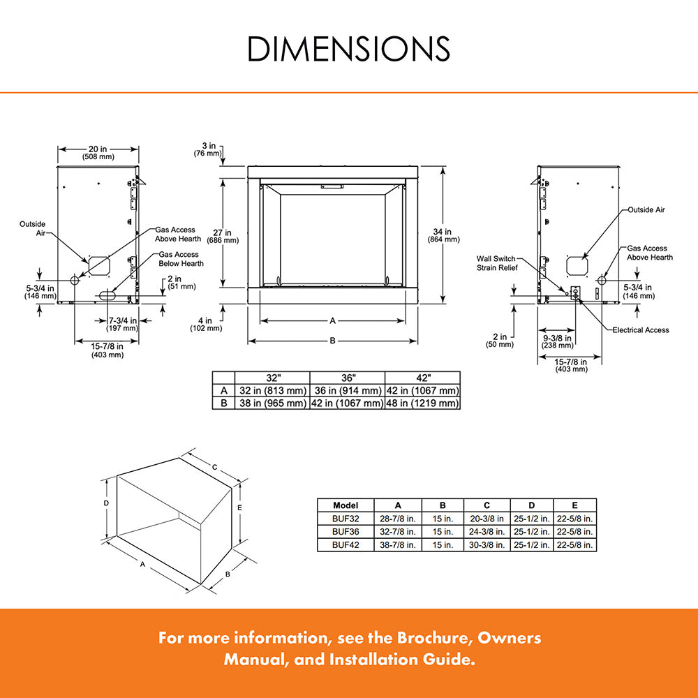 Vent-free firebox dimensions diagram with measurement lines and labeled access areas