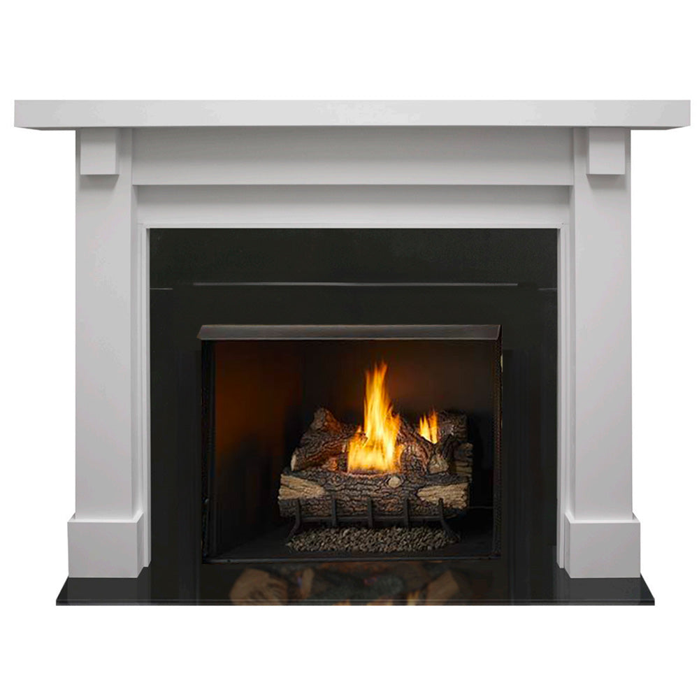 White mantel and black vent-free firebox with burning flames and stacked logs