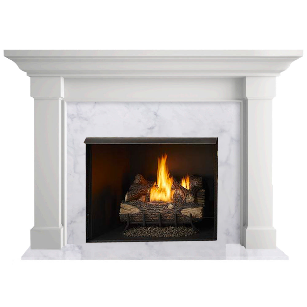 White flush fireplace mantel with black firebox and burning flames