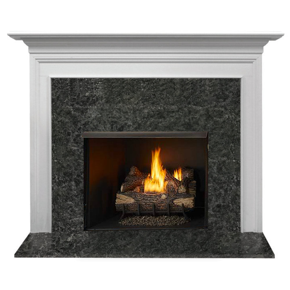 White mantel fireplace with black firebox and visible flames