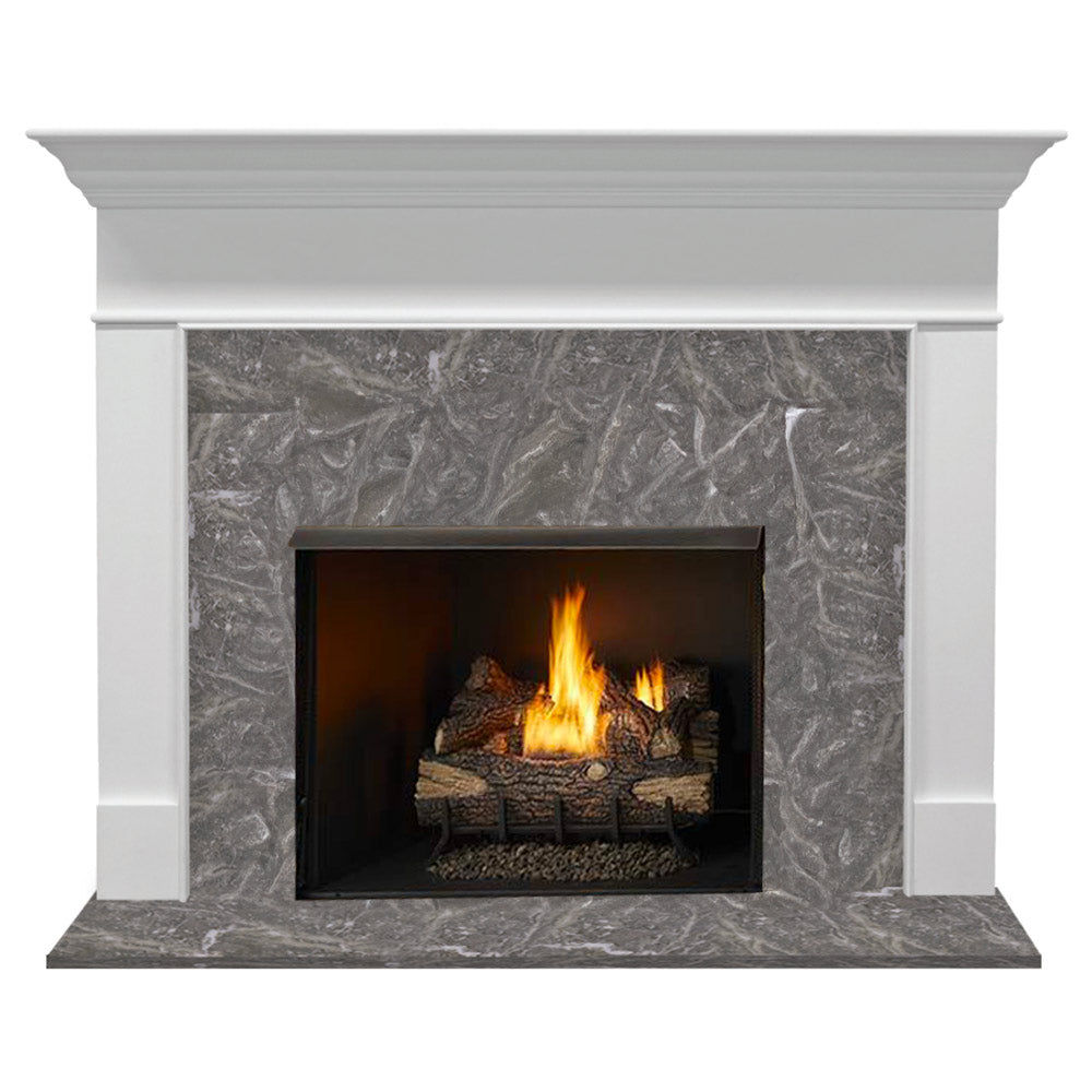 White fireplace mantel with gray stone surround and black vent-free firebox, flames