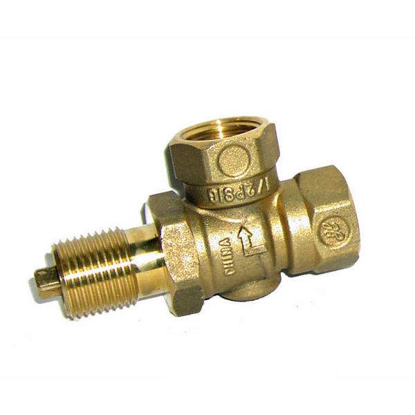 Brass gas ball valve with angled body and quarter-turn handle