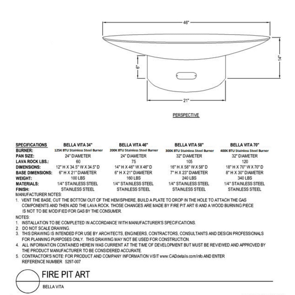 Fire Pit Art Bella Vita 46-Inch Stainless Steel Gas Fire Pit