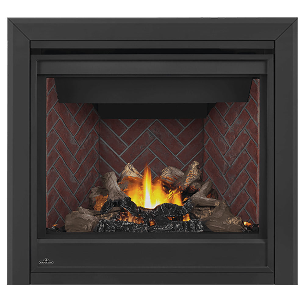 Direct vent gas fireplace with dark surround and glowing flame over stacked logs