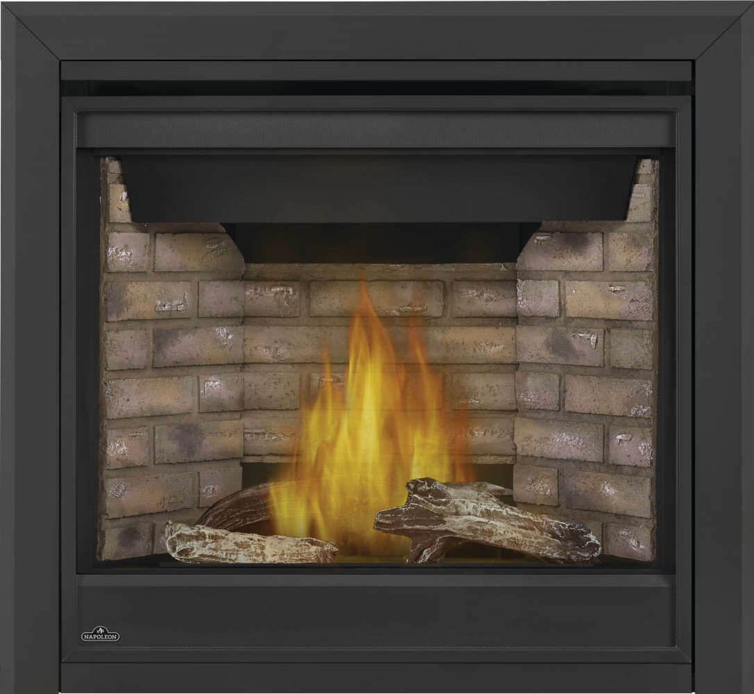 Black direct vent gas fireplace with glass front, yellow flame, and logs on brick panel