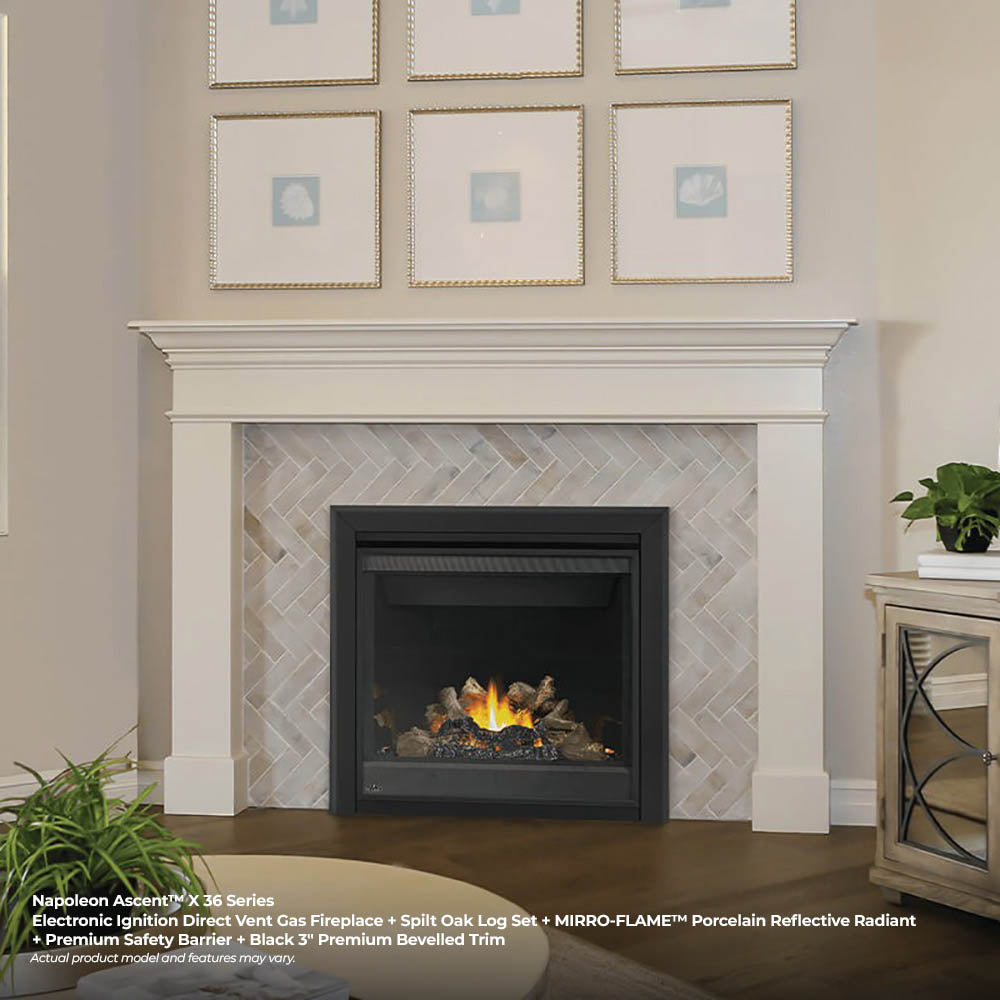 Direct vent gas fireplace with black firebox and glass viewing window in a mantel surround