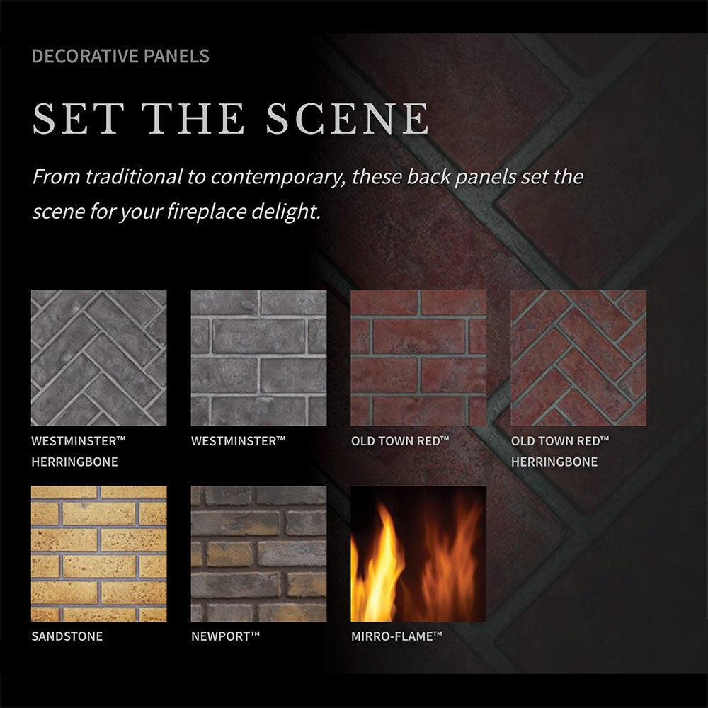 Decorative back panels for a gas fireplace showing multiple brick and tile patterns