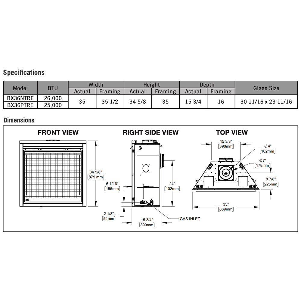 Direct vent gas fireplace technical diagram with front, side, and top view dimensions