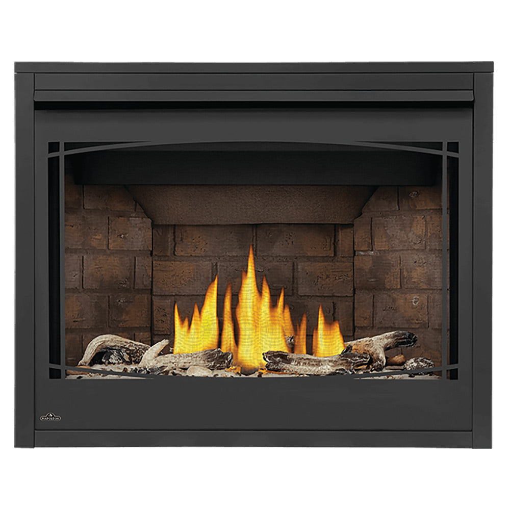 Direct vent gas fireplace with black trim, glass front, and burning flame logs inside
