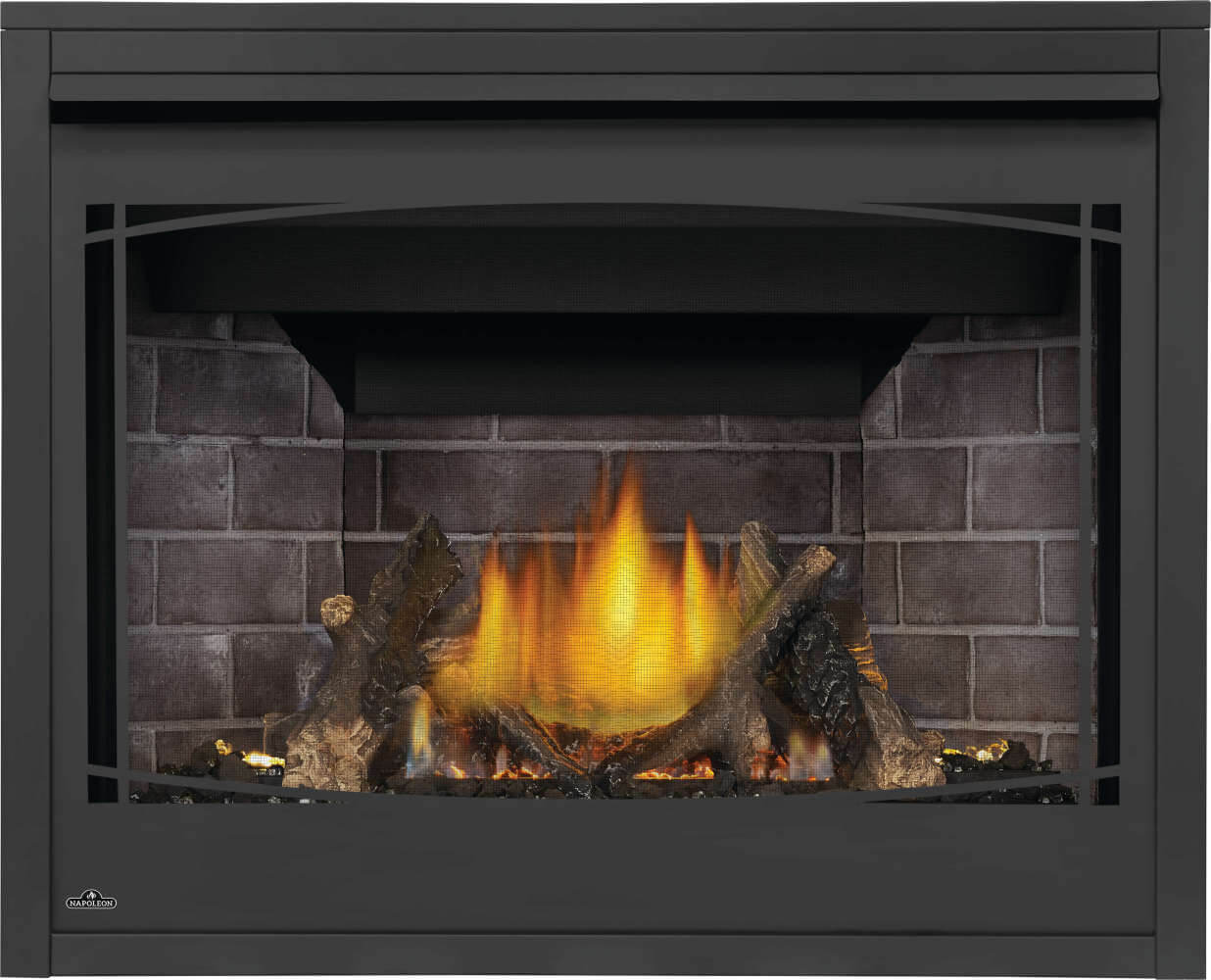 Direct vent gas fireplace front with black frame, glass viewing panel, and flame in logs