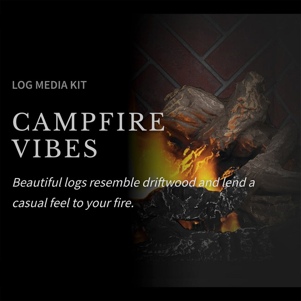 Decorative log media kit graphic with glowing flames and log pieces in a firebox