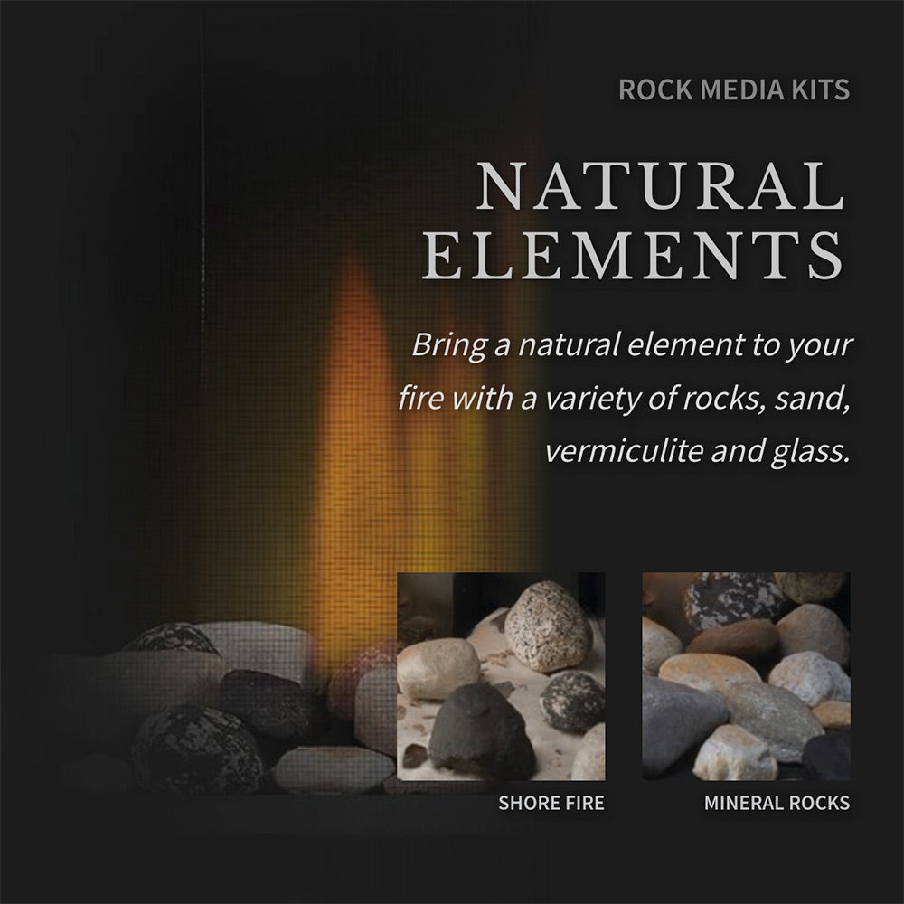 Decorative rock media kit graphic with glowing fire and assorted rocks in a firebox