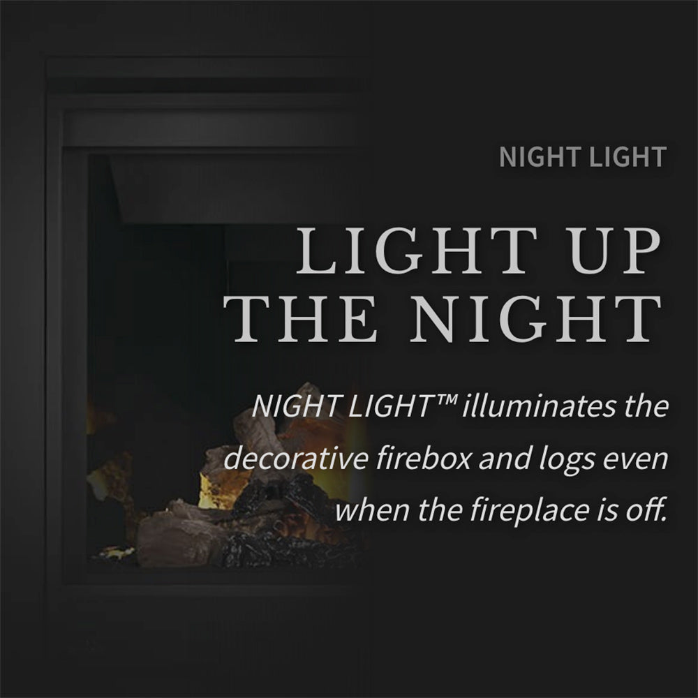 Night light feature graphic showing illuminated firebox with glowing flames