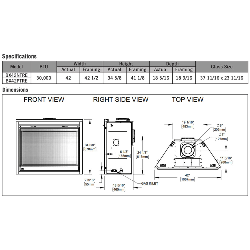 Direct vent gas fireplace dimensions diagram with front, side, and top view measurements