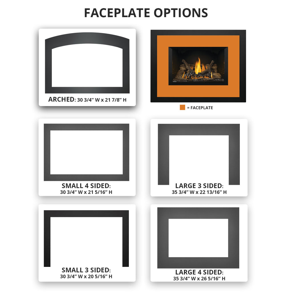 Faceplate option graphic for fireplace insert, showing arched and sided frames