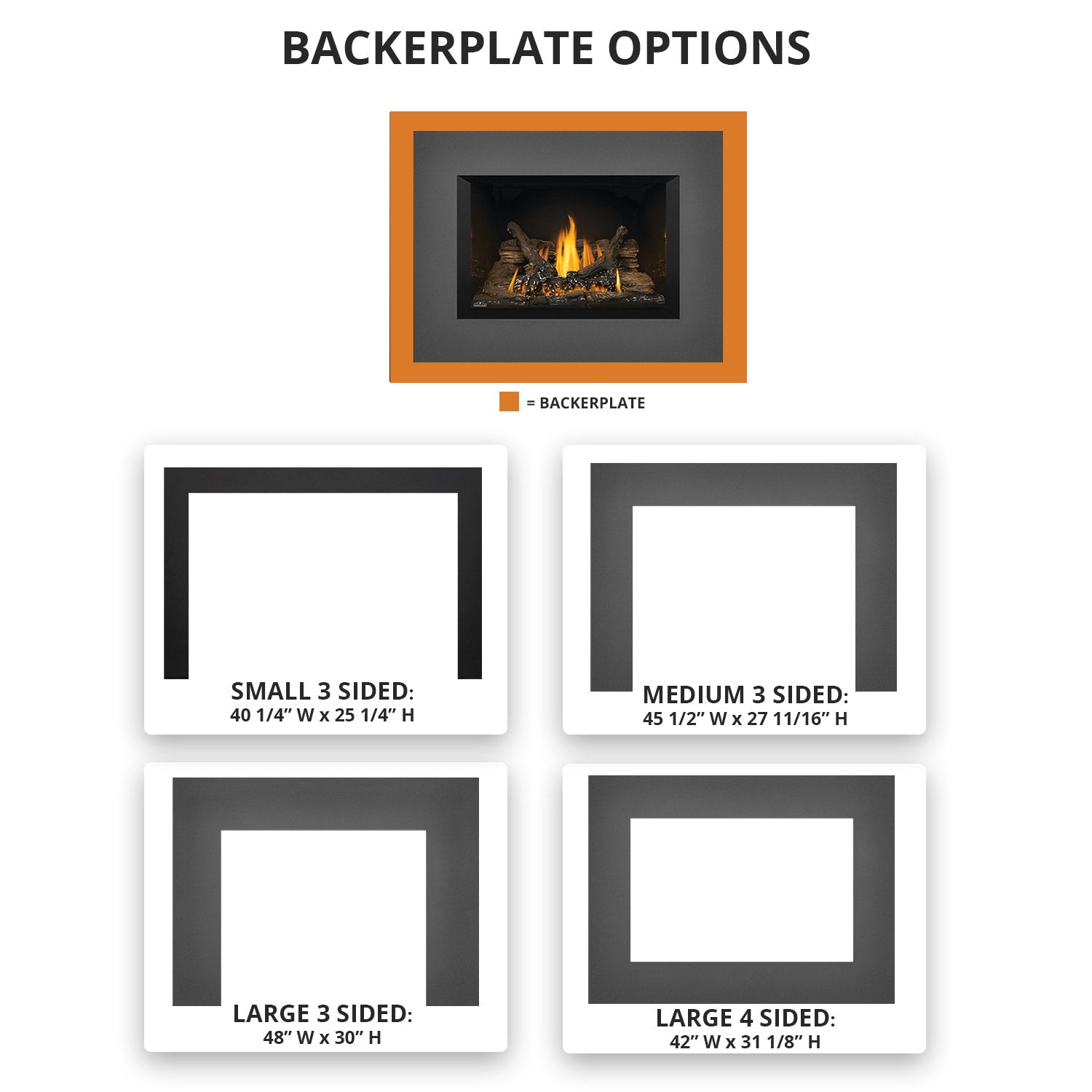 Backplate option graphic for fireplace insert, showing small to large frame styles
