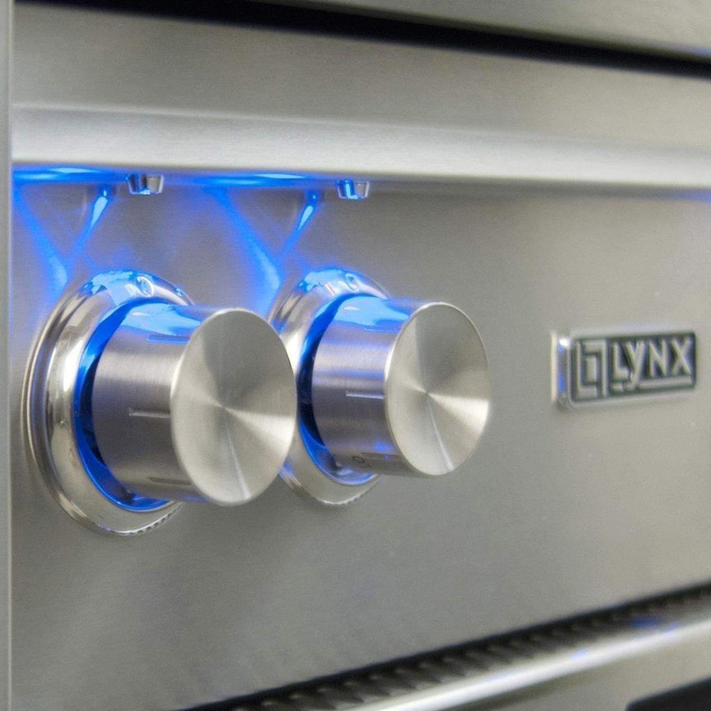 Stainless gas grill control knobs with blue indicator lights