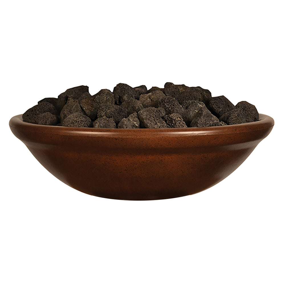 Brown fire bowl with dark lava rocks and banded rim, 30-inch outdoor gas fire pit