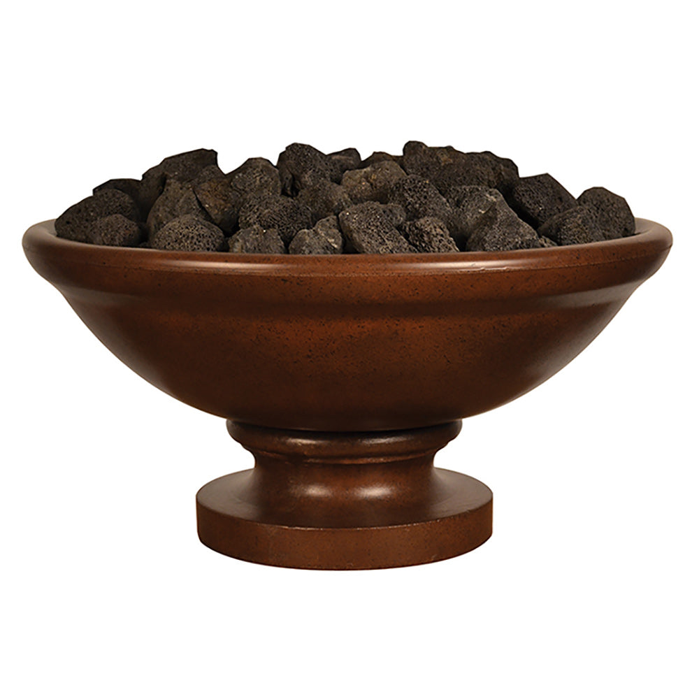 Brown fire bowl with stone insert on pedestal base.