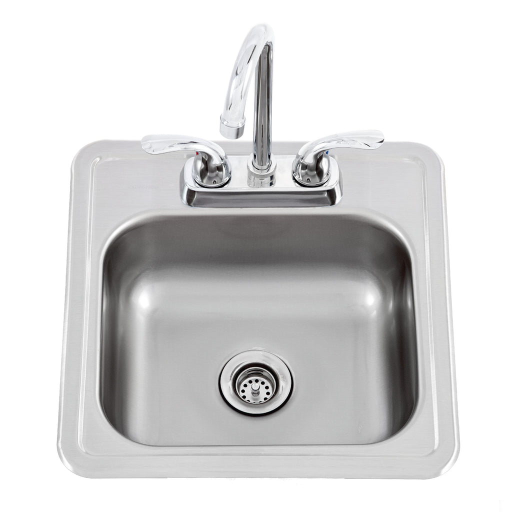 Stainless steel bar sink with chrome single-hole faucet and square basin drain