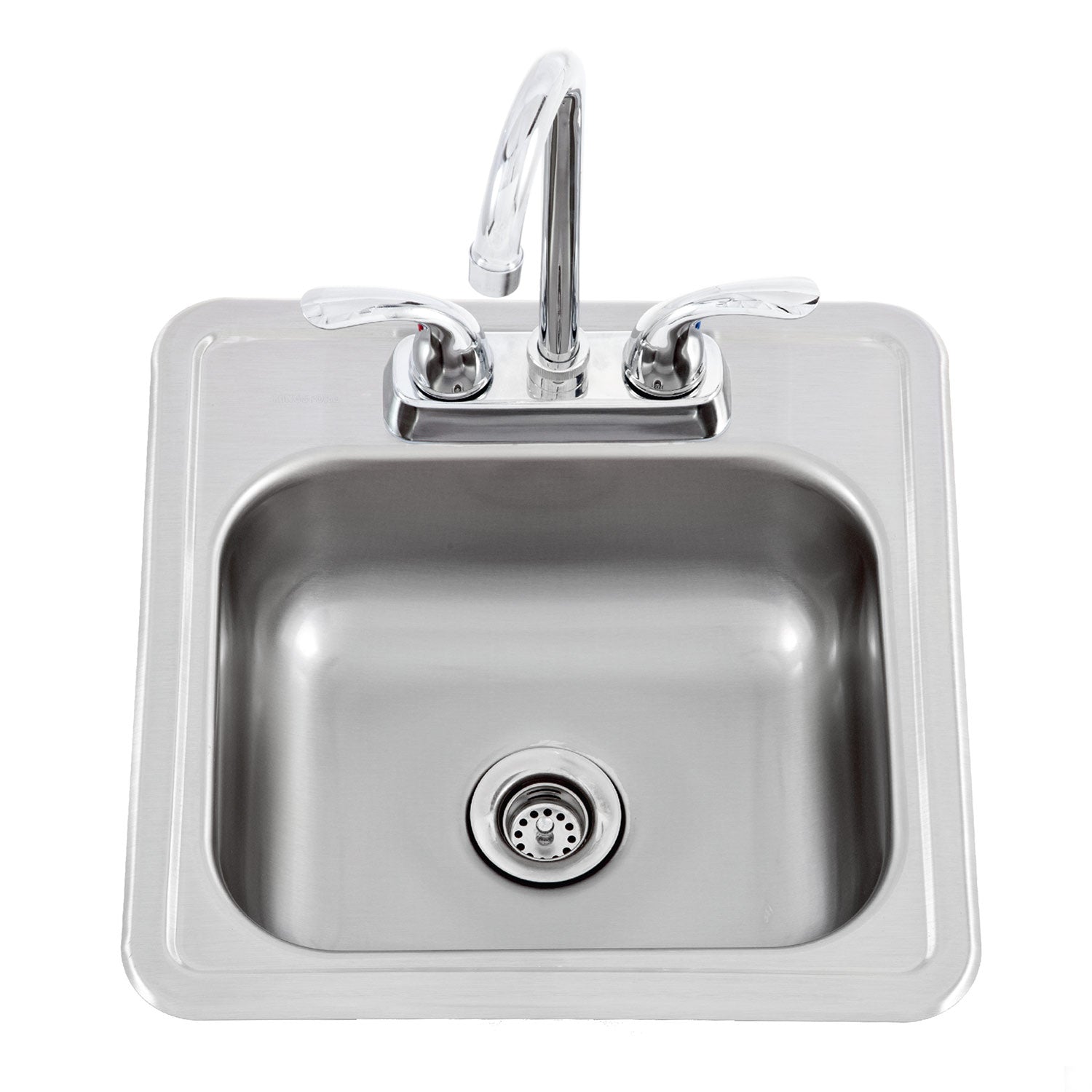 Stainless steel bar sink with chrome single-hole faucet and square basin drain