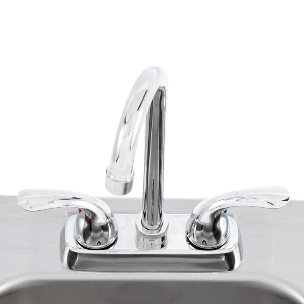 Chrome faucet set with two side handles over stainless steel bar sink basin