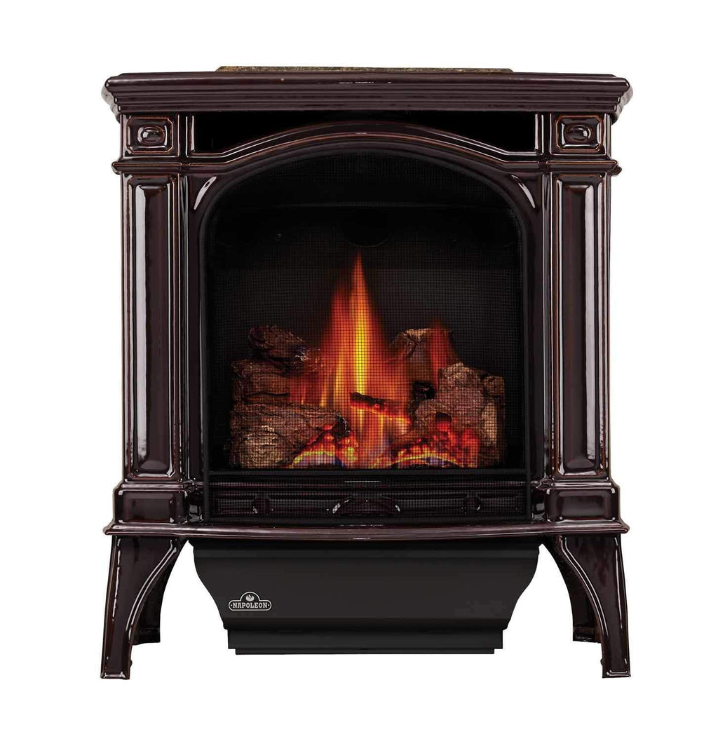 Brown cast iron gas stove with arched firebox and flame viewing window