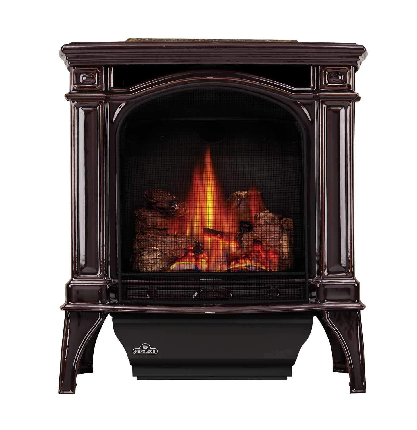 Brown cast iron gas stove with arched firebox and flame viewing window