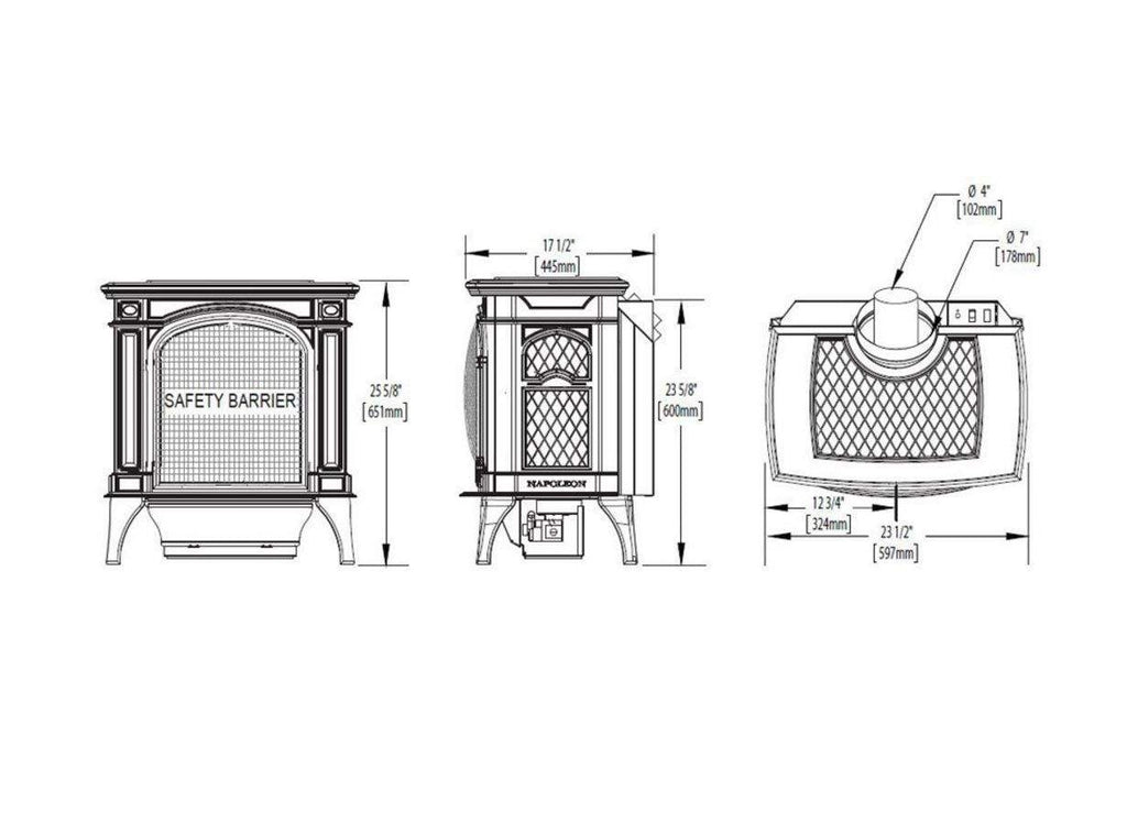 Gas stove dimension diagram with front, side, and top views