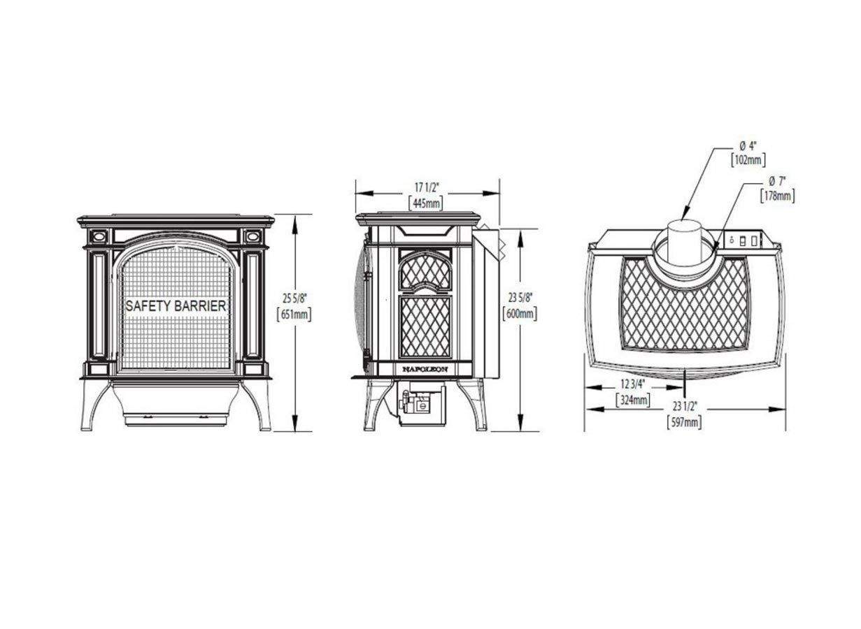 Gas stove dimension diagram with front, side, and top views