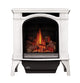 White cast iron gas stove with arched frame, flame window, and bottom control panel