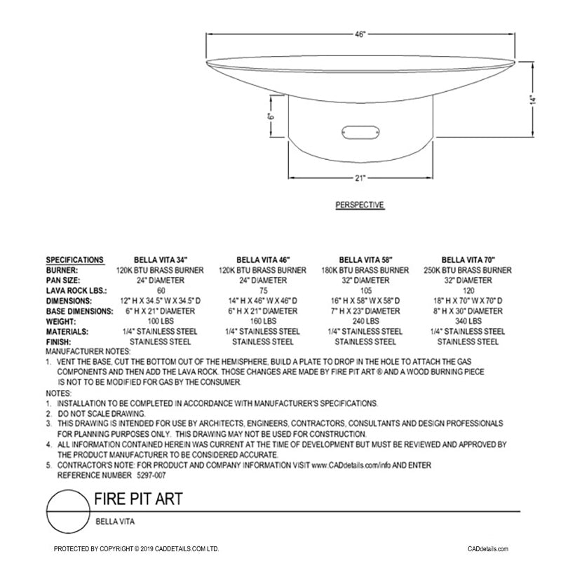 Fire pit dimensions diagram with measurements for Bella Vita wood model